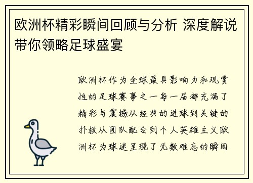 欧洲杯精彩瞬间回顾与分析 深度解说带你领略足球盛宴